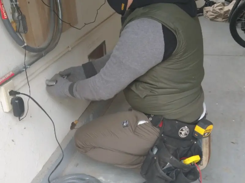 Electrician performing outlet wiring in a Vernon garage